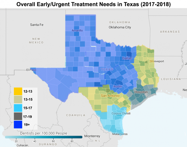 Dentist rate compared to treatment needs overlay map